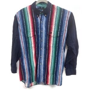 Roper Lone RGO Western Shirt Mens Large Navy Blue‎ Serape Pearl Snap Long Sleeve